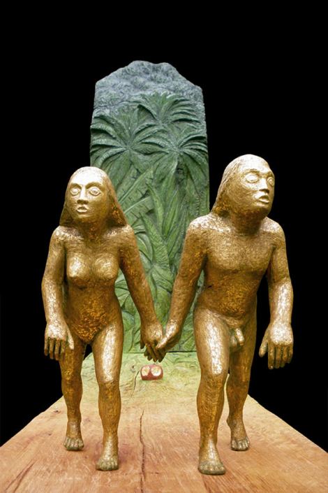 Lost Paradise I, 2012 Lindenholz/Acrylfarbe/Blattgold, Höhe/Länge ca. 1,80m X 1,80m, Figuren Höhe 45cm